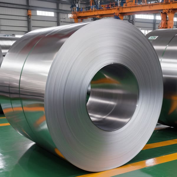 Large steel coil stacked in a warehouse